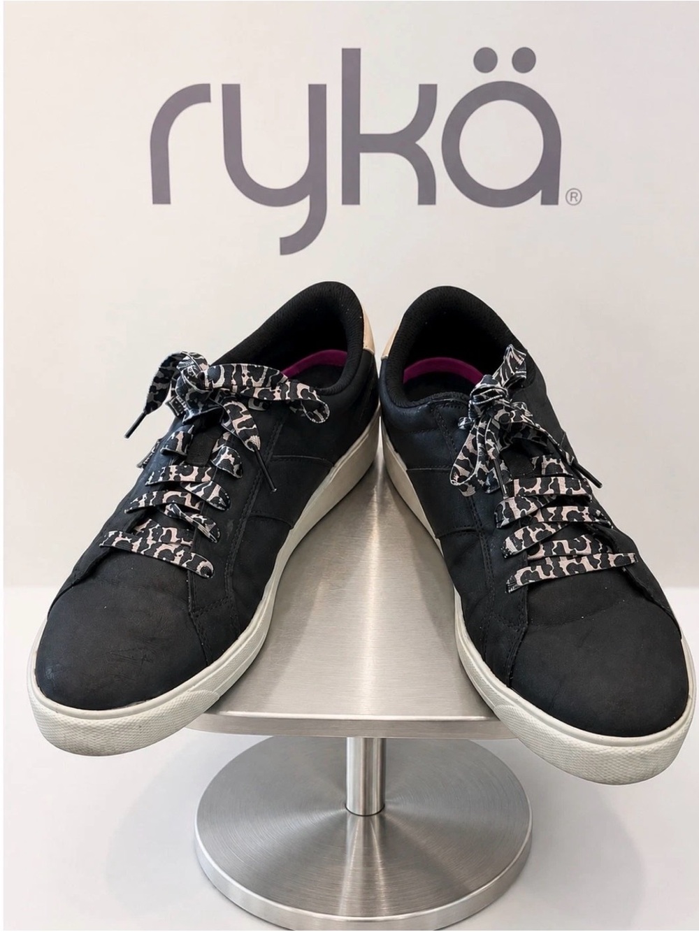 Ryka Women’s Viv Classic Sneakers Black Low Top Leopard Accent Laces Size 9